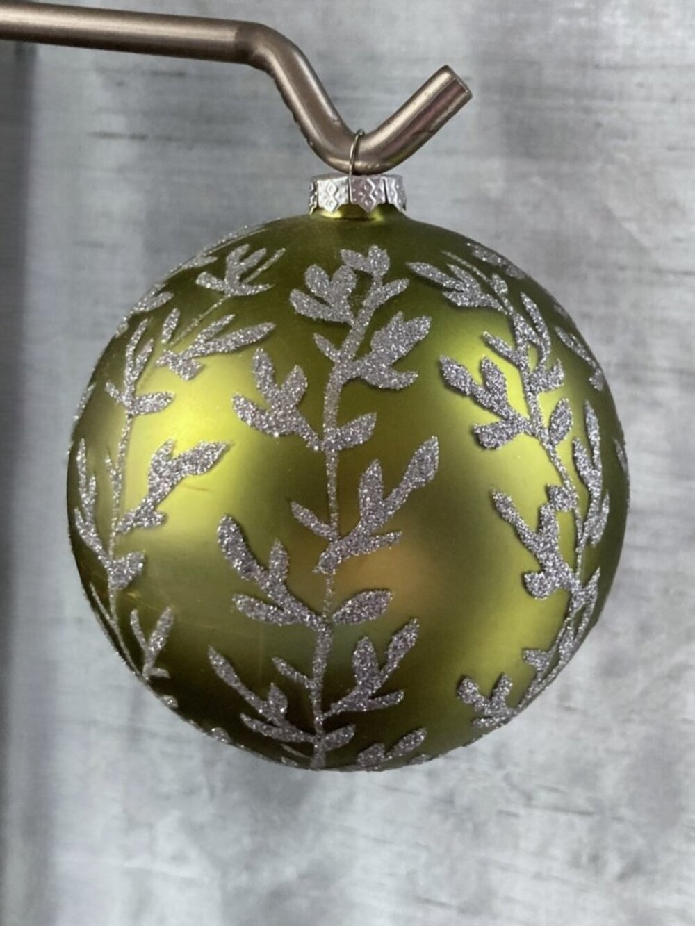 Hanging Hand Blown Glass Ornament, Lime Green, Silver Glitter, Holiday, 4" dia.